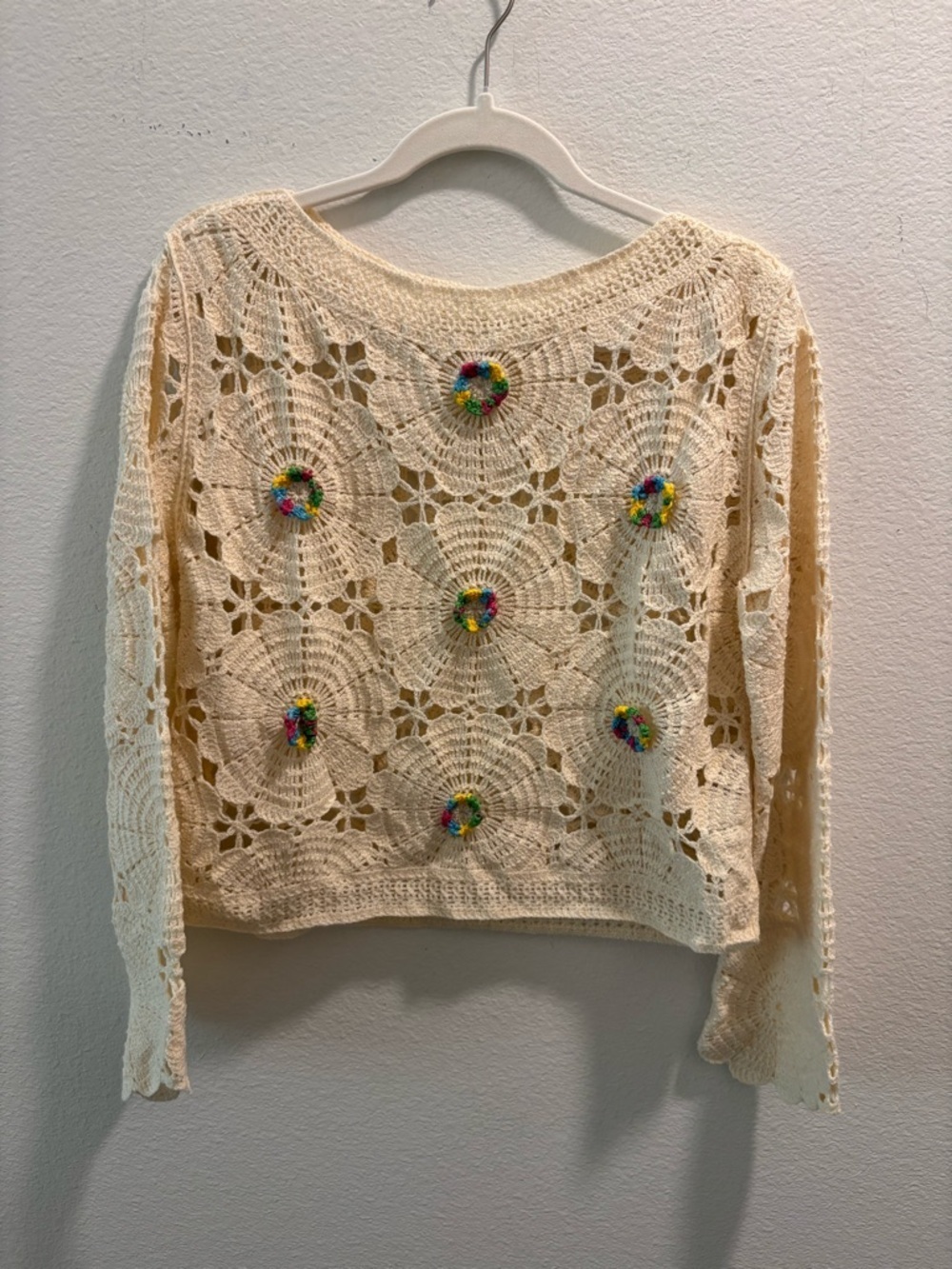 So Sweet Crochet Floral Motif Cream Long Sleeve Sweater, size o/s
